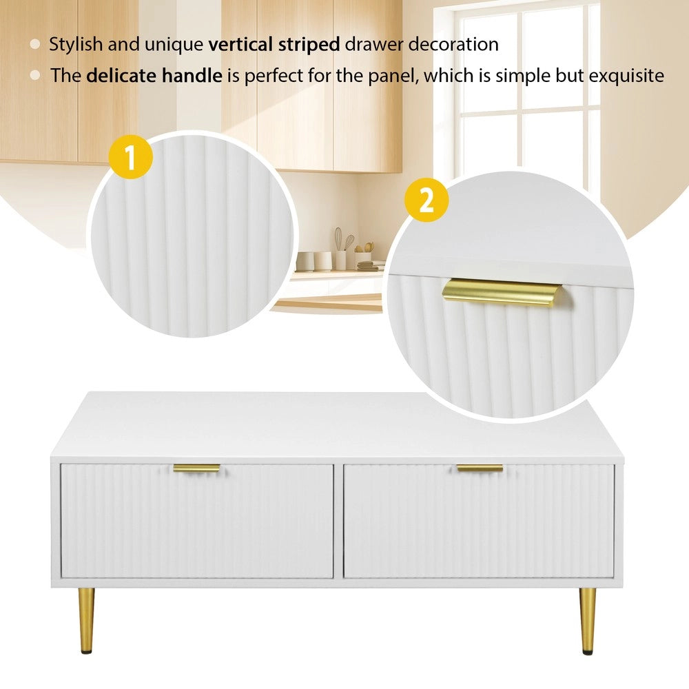 Tavolino da Caff¨¨ Moderno ¨C MINIMAL ¨C Bianco con Dettagli Oro, 2 Cassetti, 100x50x40 cm