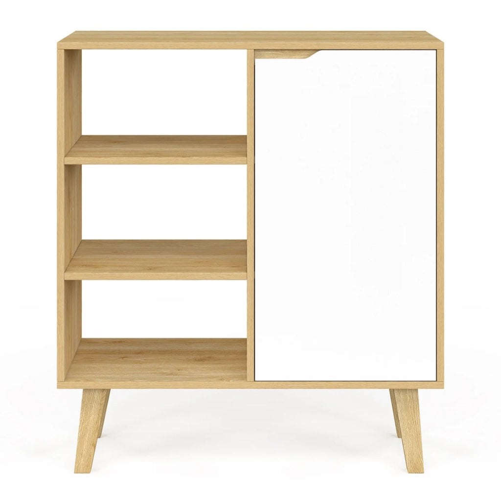 IDMarket - Credenza con 3 ripiani e armadio 70 cm FINN bianco e legno effetto faggio