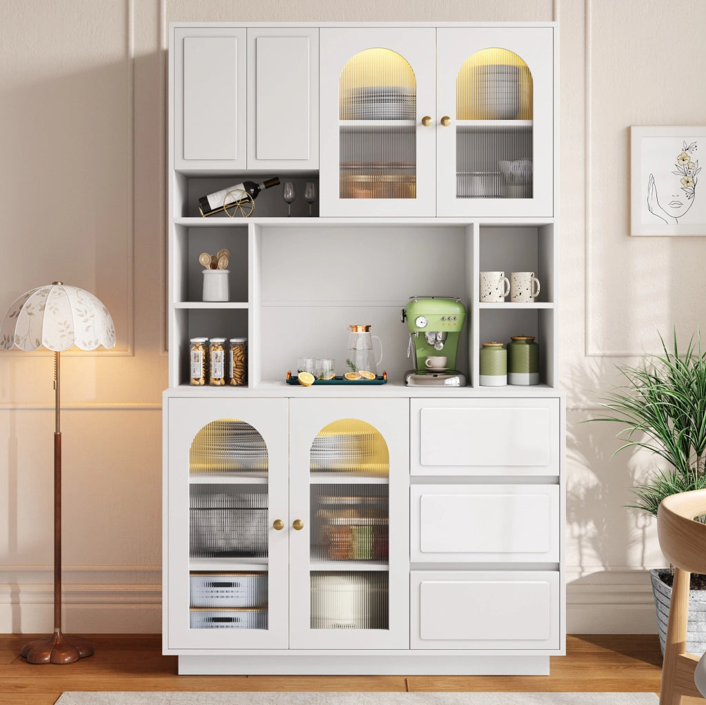 Credenza alta con LED controllabile da app; ante in acrilico curvo; 106x30x175 cm; bianco