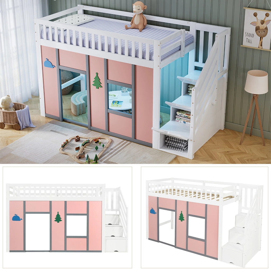 Letto a soppalco per bambini 90 × 200 cm con scala contenitore, LED, barriera di sicurezza, senza materasso, bianco rosa