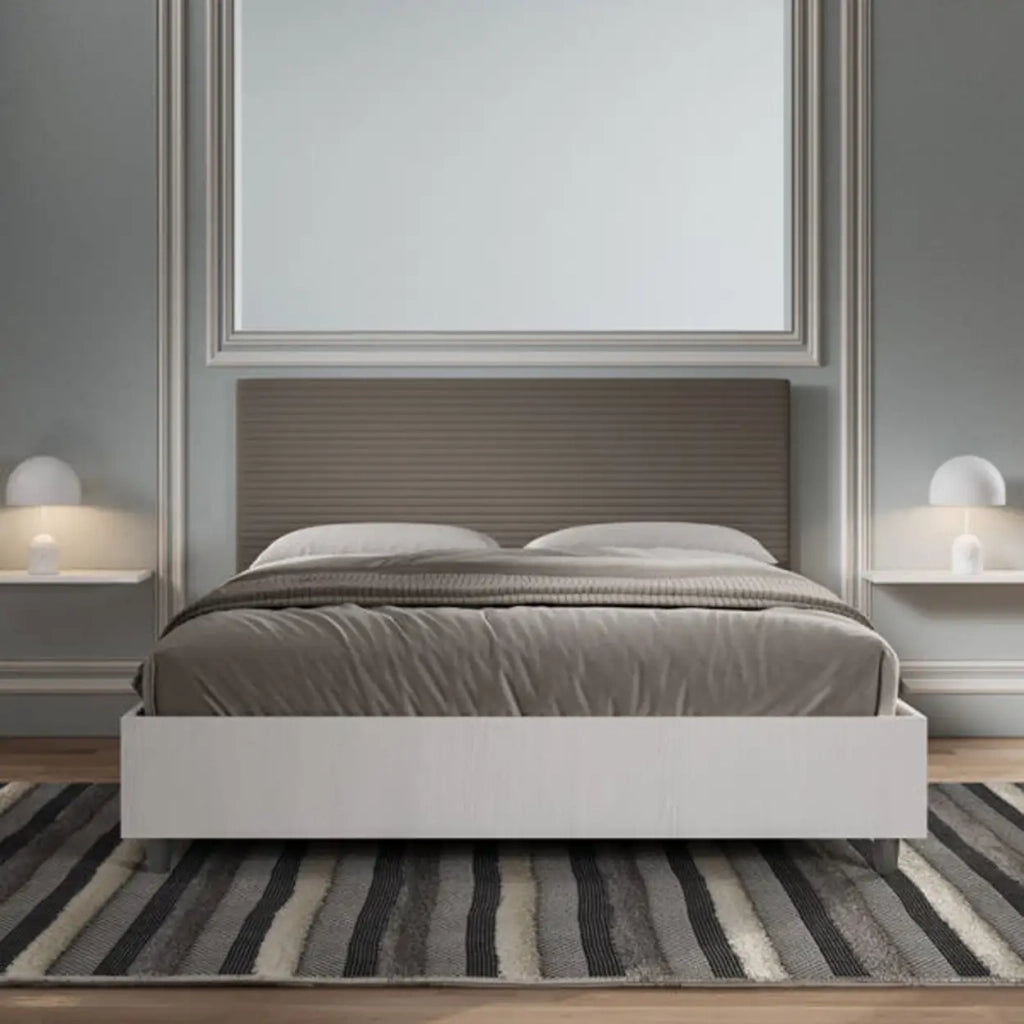 Letto matrimoniale contenitore doppia alzata 160x190 bianco frassino testata similpelle cappuccino Level