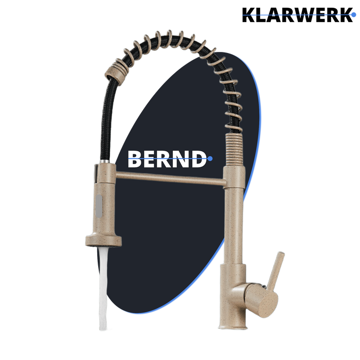 BERND | Rubinetto girevole beige da cucina in acciaio inossidabile |Miscelatore professionale girevole a 360 gradi con doccia | Alta pressione 2 porte