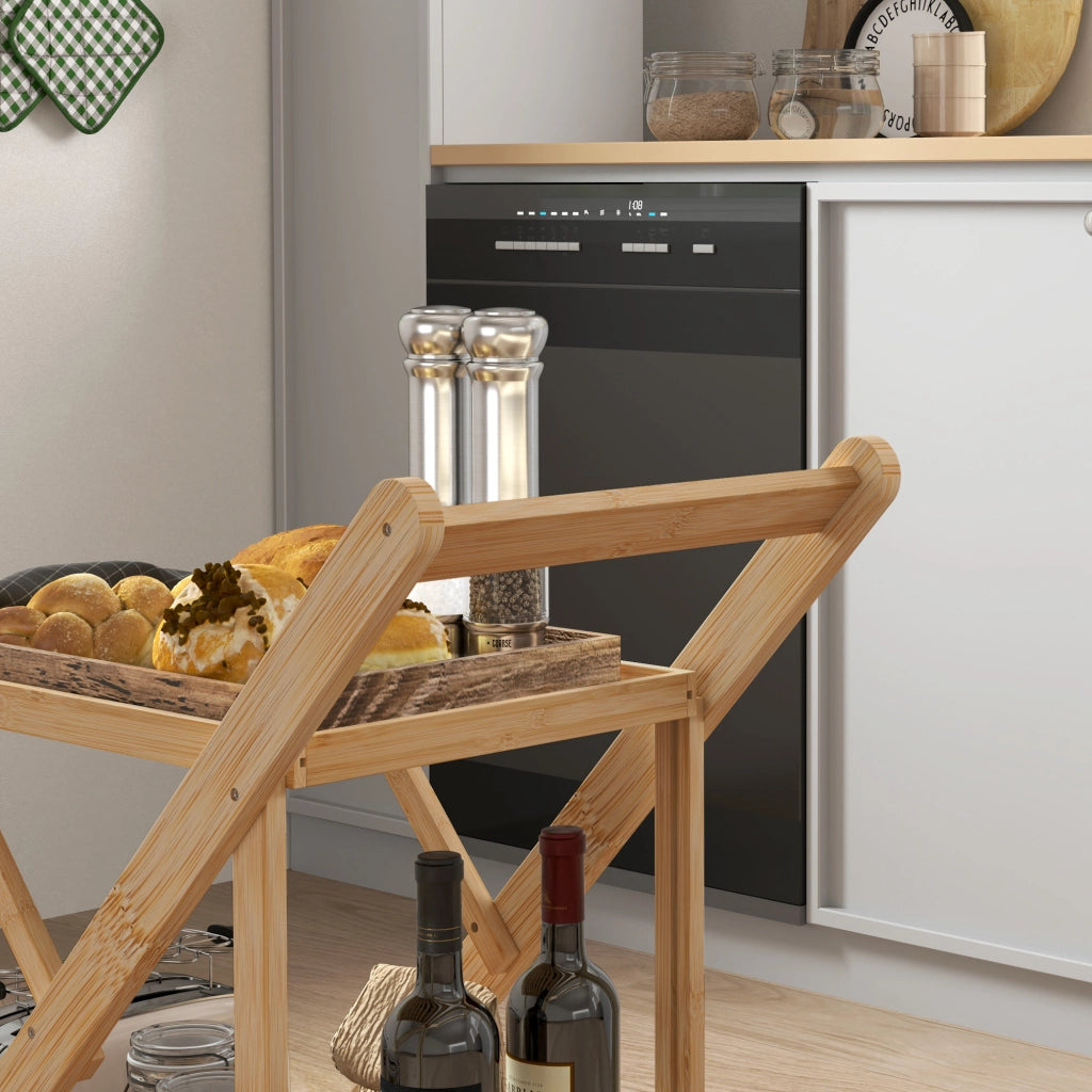 Carrello da Cucina Portavivande Pieghevole 66x40x70 cm a 2 Livelli con Portabottiglie in Legno di Bambù