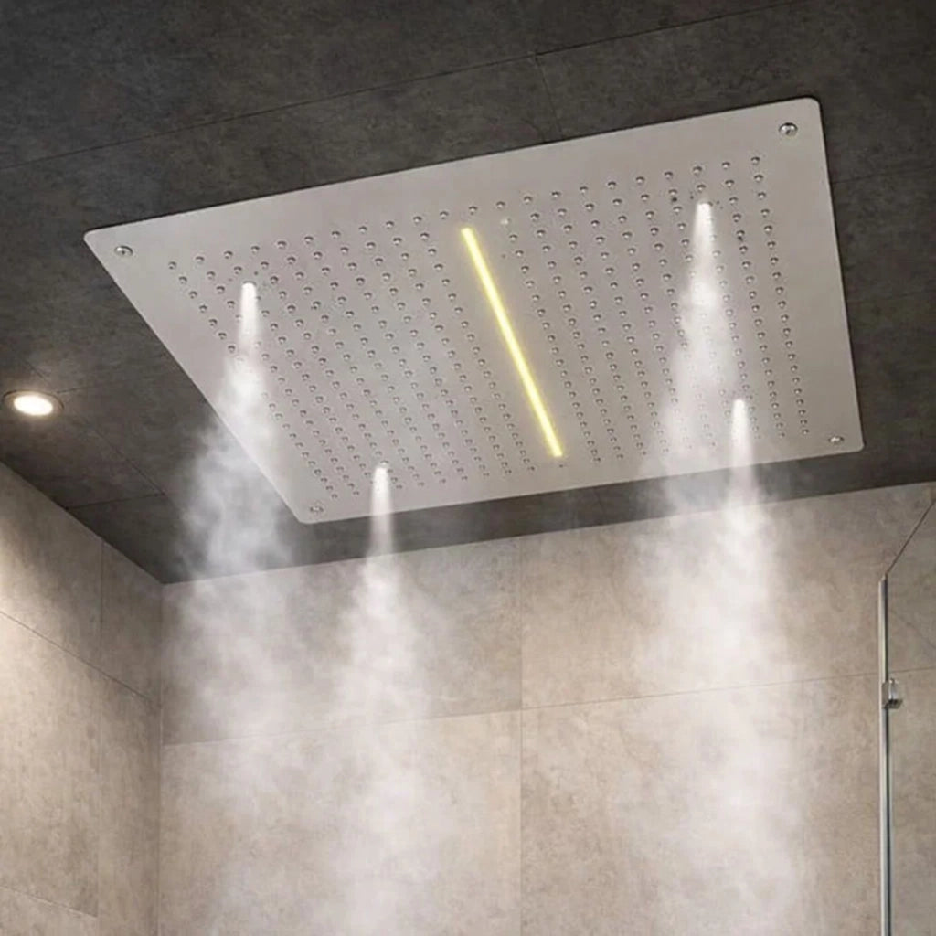 Soffione doccia led a soffitto installazione da incasso con cascata acciaio inox quadro