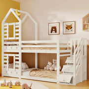 Letto a castello a casetta con scala contenitore e cassetti; 90x200 cm in legno bianco