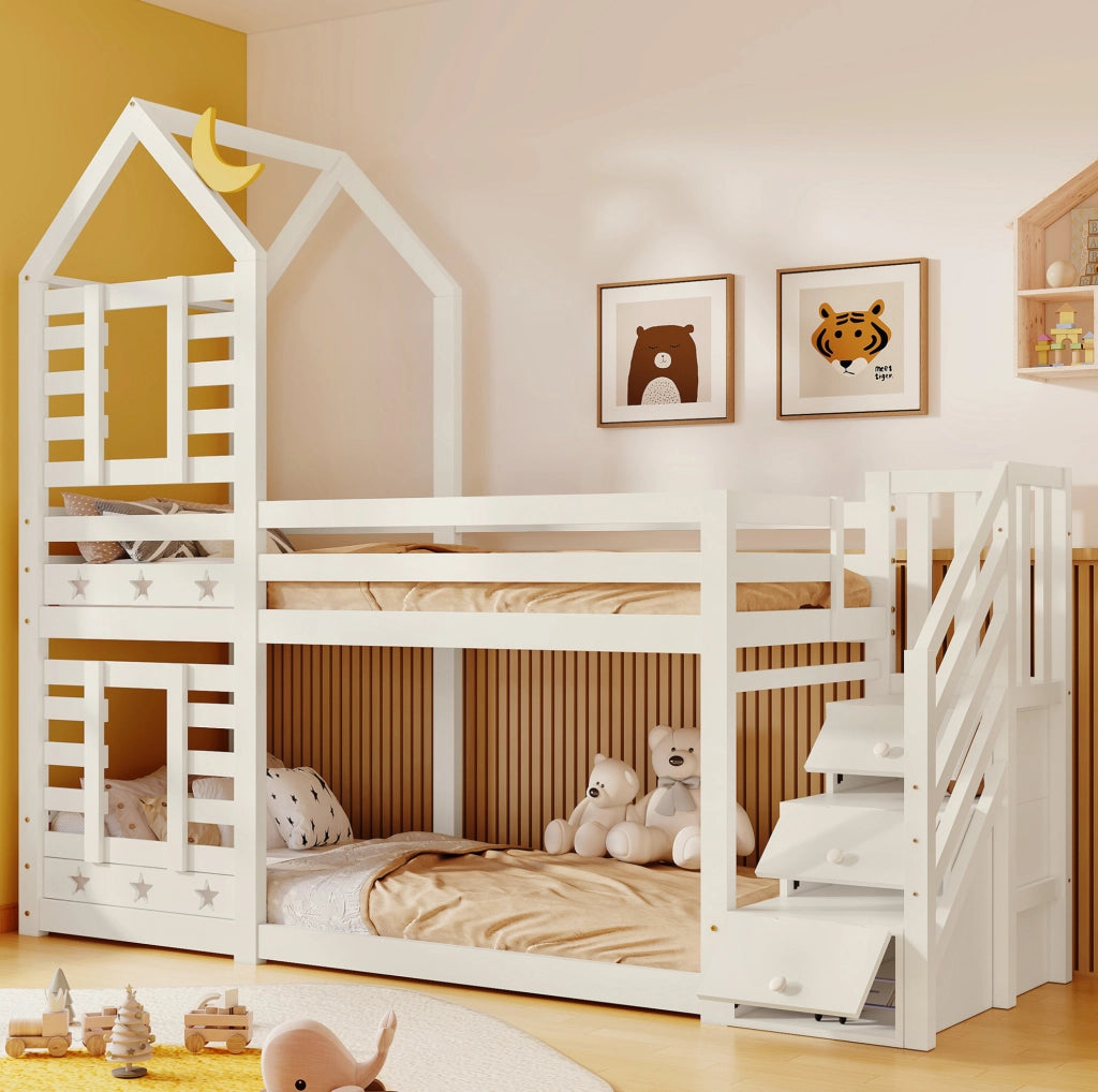 Letto a castello a casetta con scala contenitore e cassetti; 90x200 cm in legno bianco