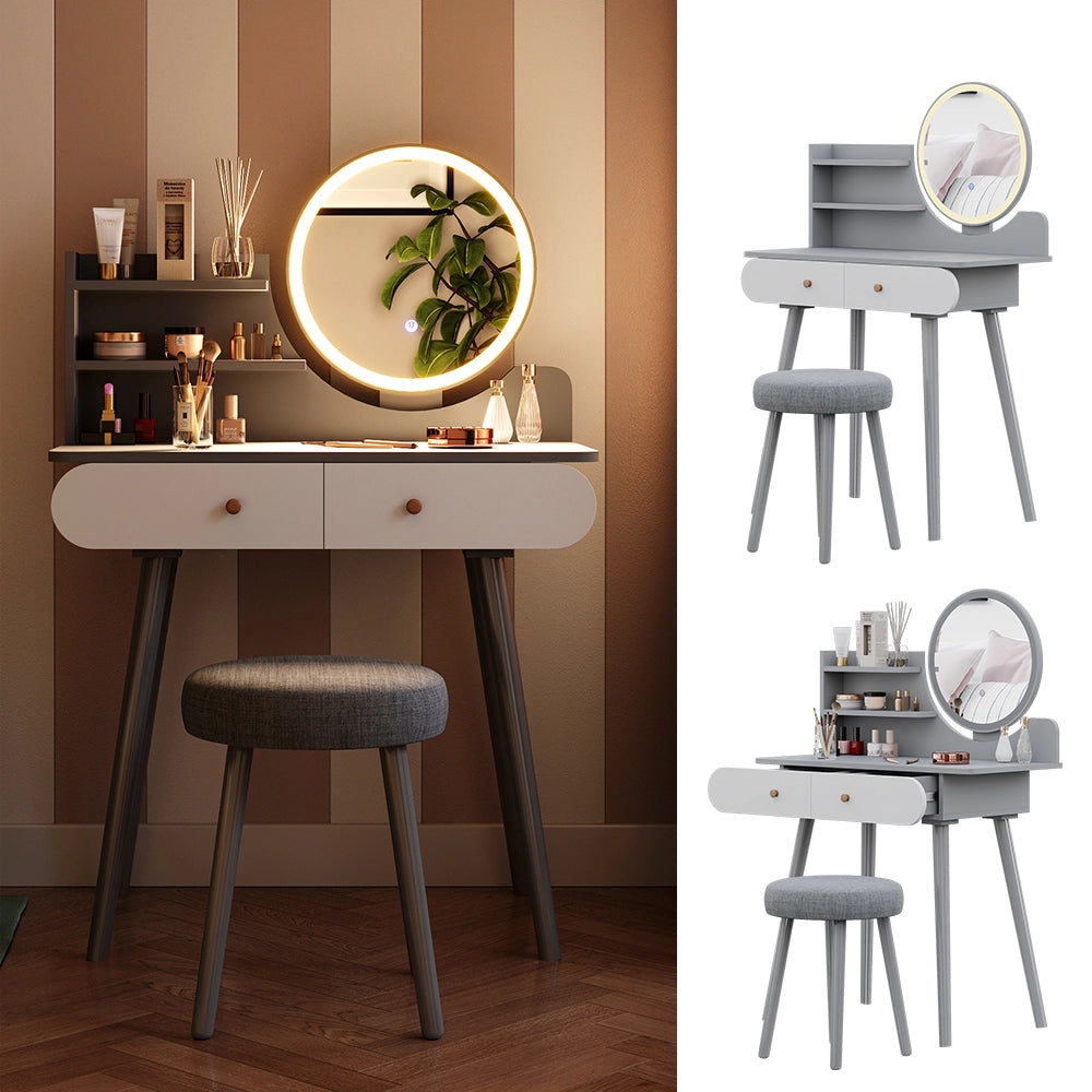 Vicco Tavolo da toeletta Grigio 80 cm con illuminazione a LED e sgabello