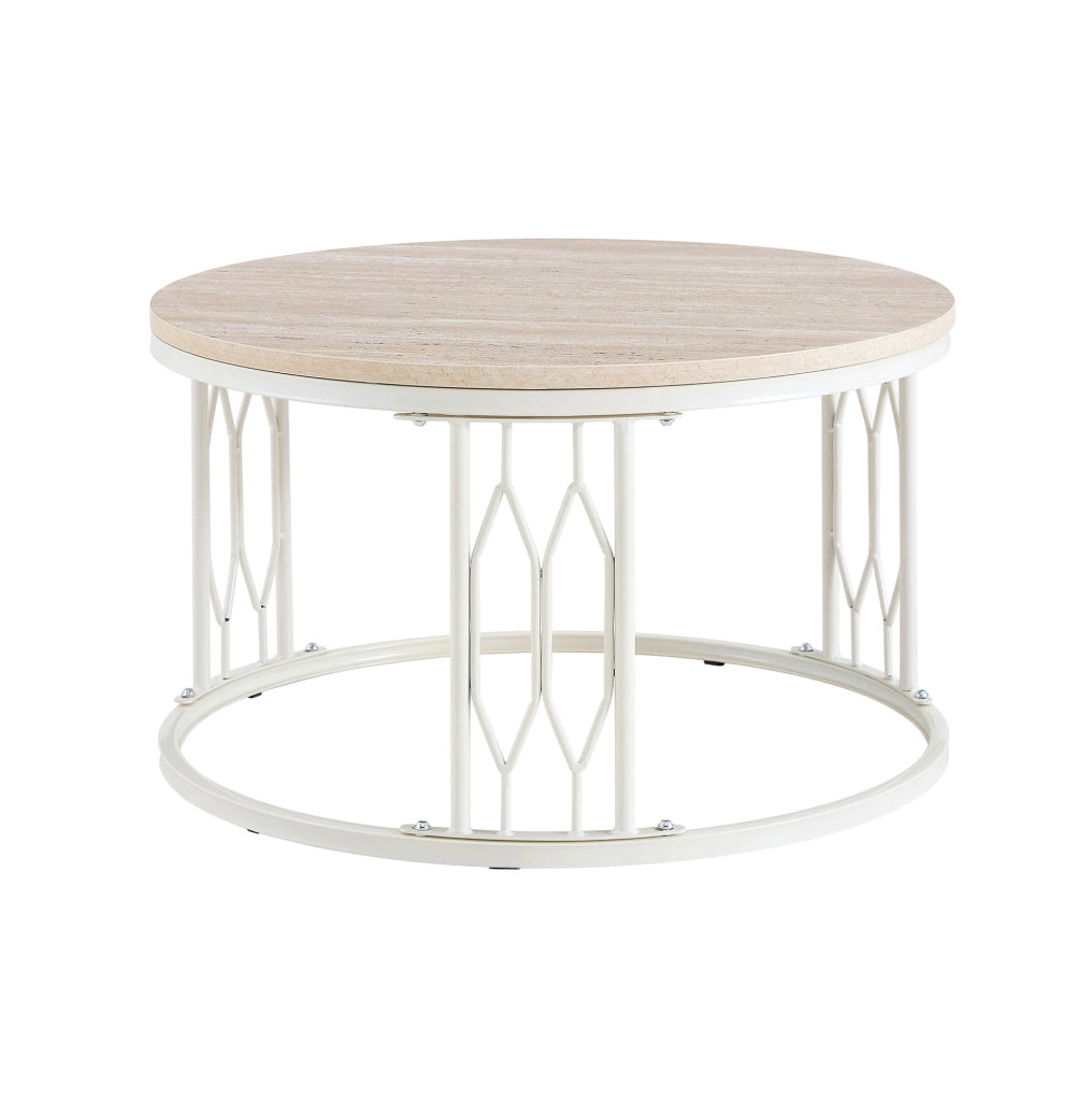 Tavolino rotondo da caffè ?70 cm in MDF effetto legno e acciaio; bianco