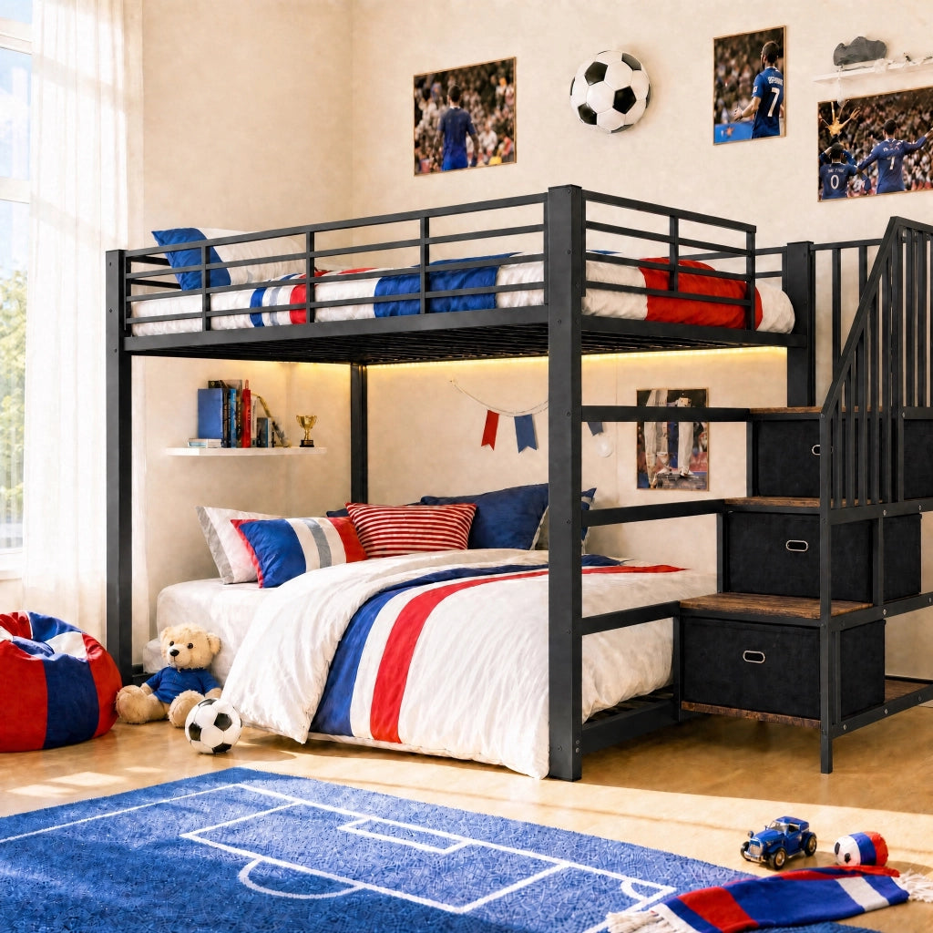 Letto a castello 140x200 cm in metallo e MDF con scala contenitore; LED e prese; nero