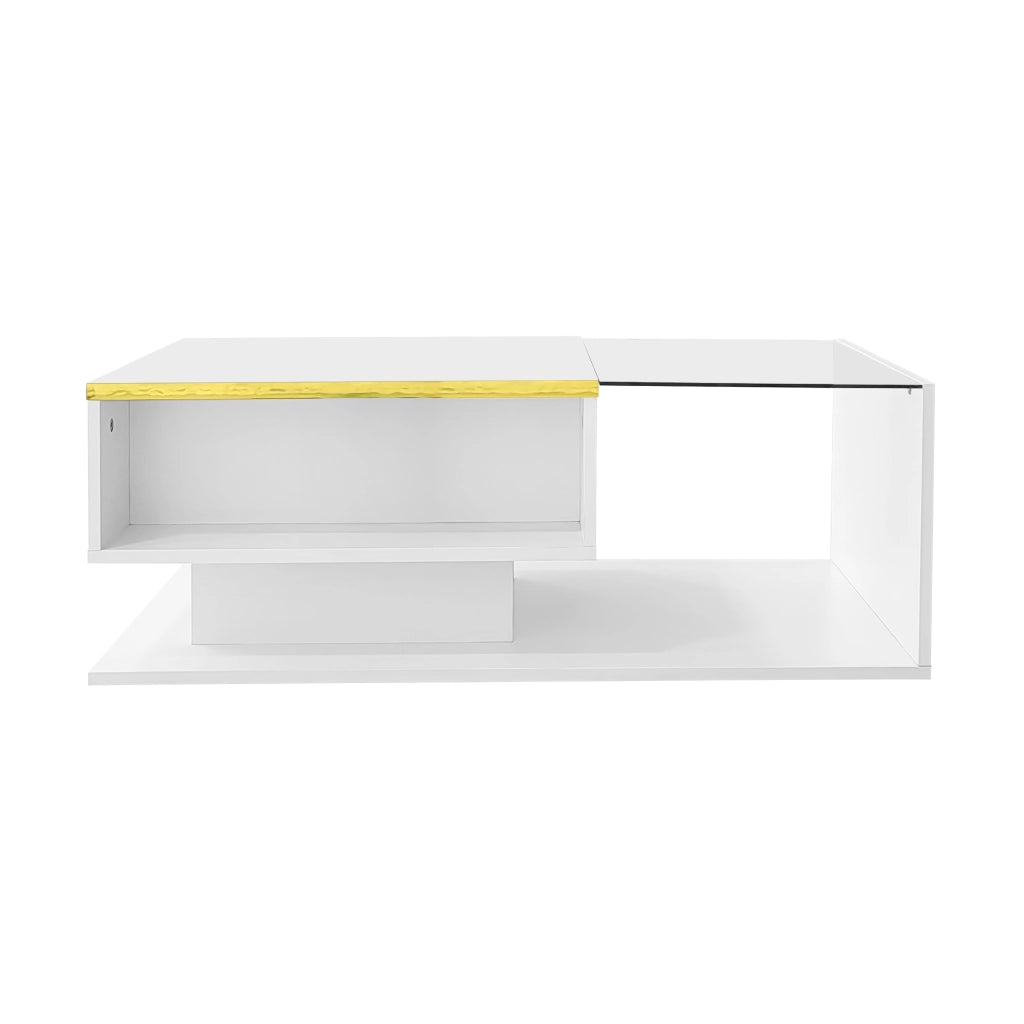 Tavolino da caffè 90x50x32.5 cm; LED dimmerabile con vano contenitore; truciolare e vetro; bianco