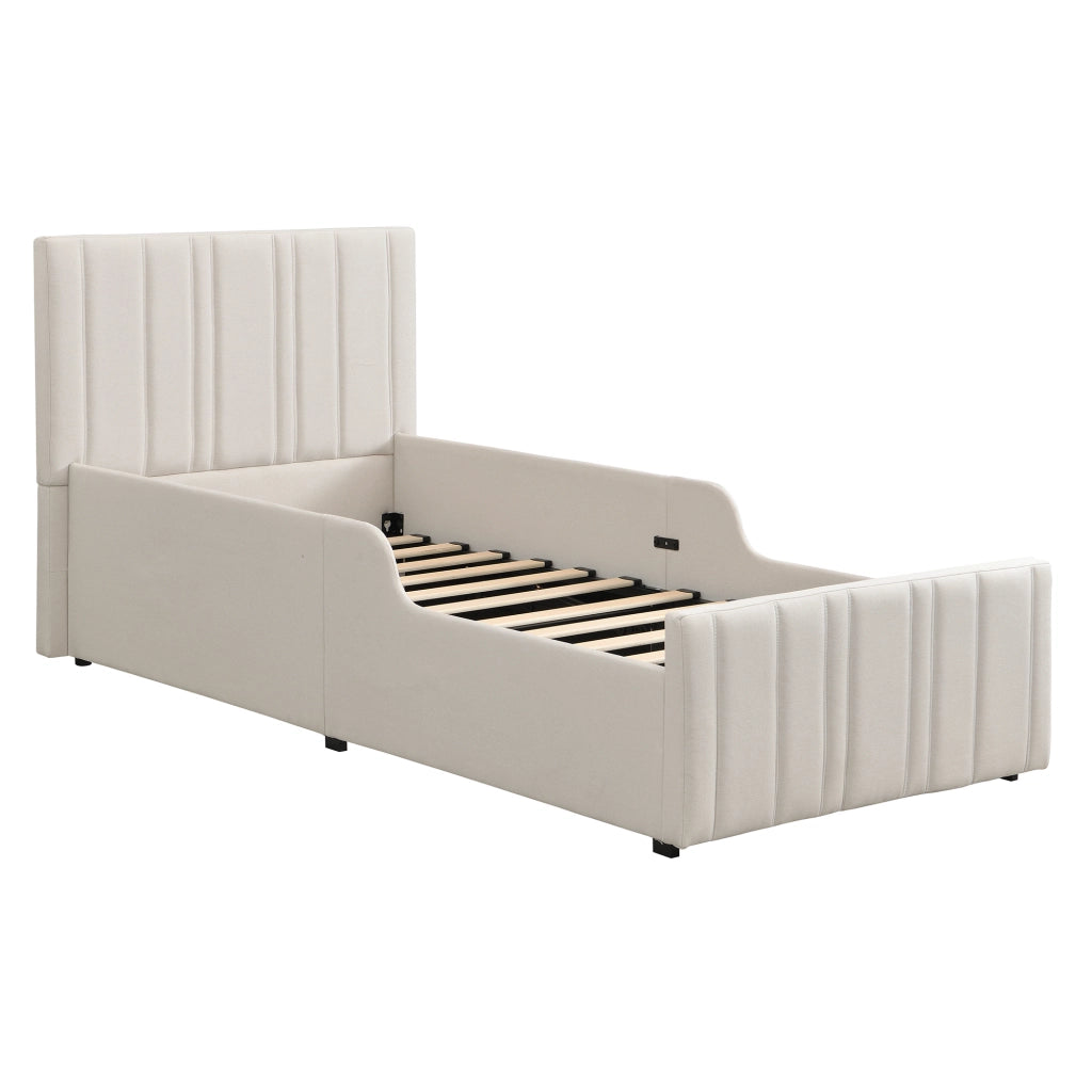 Letto Imbottito Singolo Contenitore ¨C MINIMAL ¨C con Rete a Doghe, Testiera, 90x200, Beige
