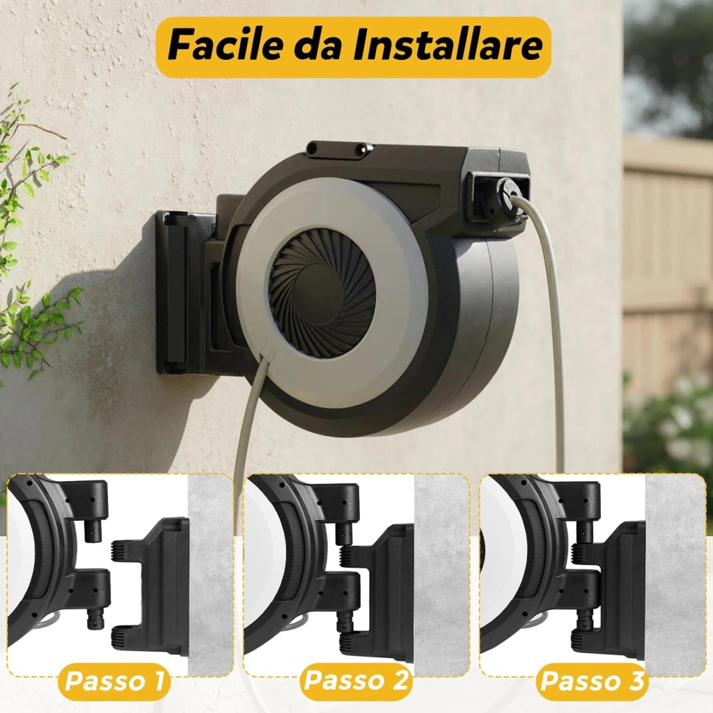 Avvolgitubo da Giardino Automatico a Muro, Tubo in PVC 20/30 M con Tubo di Alimentazione 2 M, Supporto Girevole a 180°, Ritorno Lento, Avvolgitubo Acqua Retrattile con Ugello Spray (30 M)
