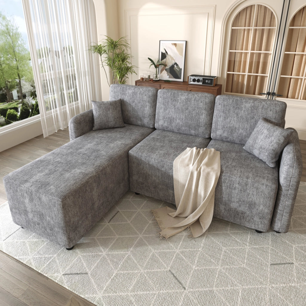 Divano angolare a L a 3 posti con area relax e 2 cuscini in ciniglia con struttura in legno massello grigio