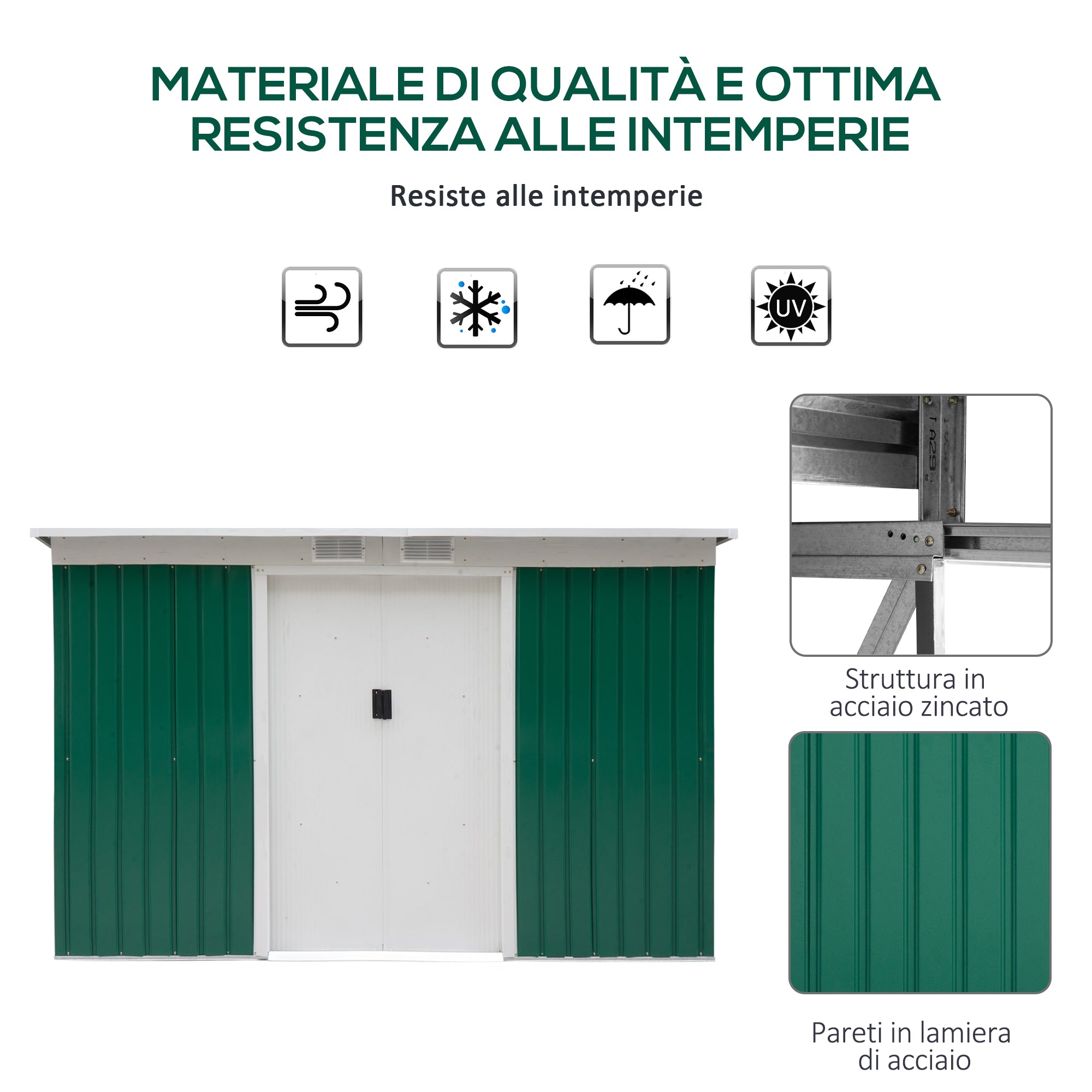 Casetta Box da Giardino in Lamiera Verde 277x130x173 cm