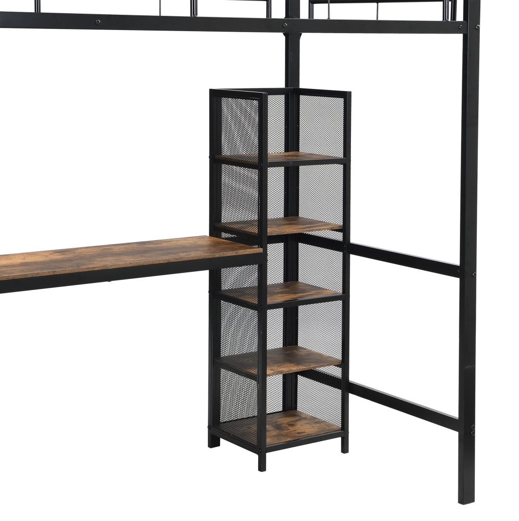 Letto a soppalco 90x200 cm con scrivania e vani portaoggetti in MDF e metallo nero e legno scuro