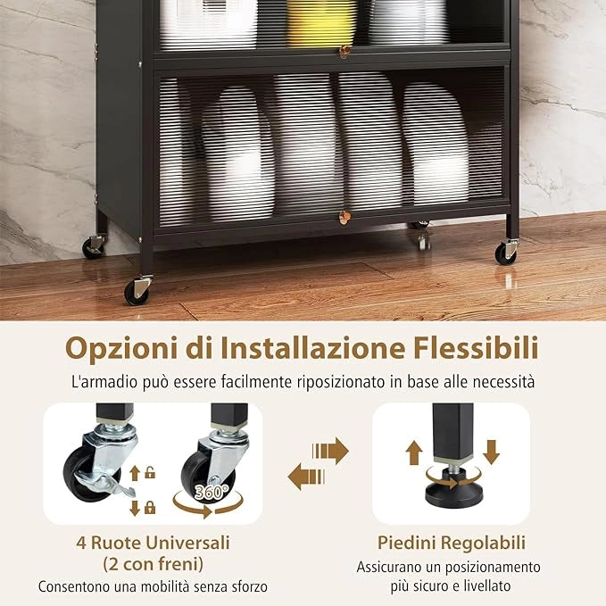 Credenza Alta per Cucina con 6 Ripiani e 4 Ante a Ribalta Traslucide, Mobile Cucina con Ruote e Panello a Ganci, Armadio Cucina Porta Microonde (80 x 40 x 178 cm,Nero)