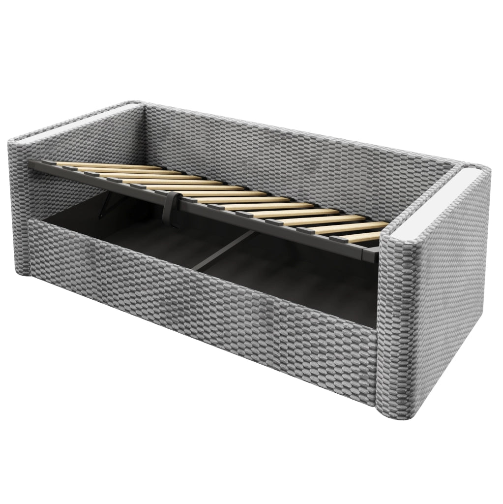 Divano letto 90x200 cm con contenitore idraulico e LED in velluto grigio