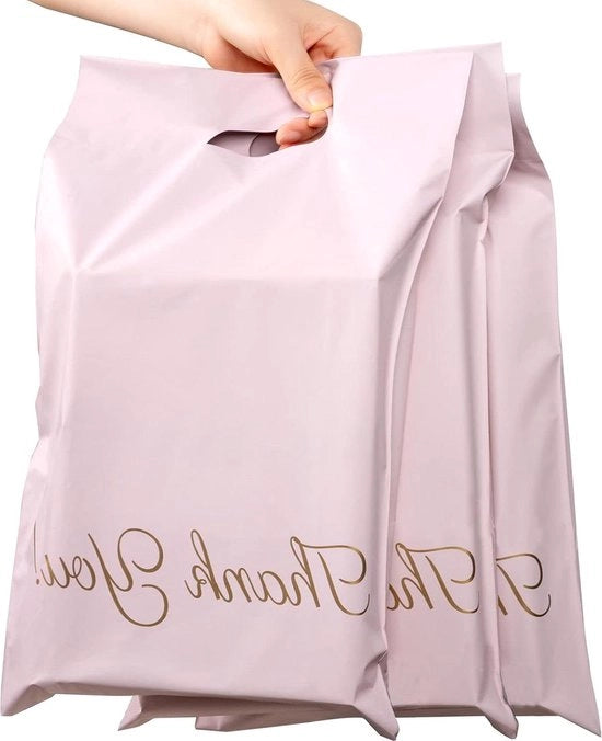 Borse di spedizione champagne rosso plastiche 60 pezzi - 250 x 350 mm - trasportabili - con "Grazie" stampato - autoadesive - opaco - abbigliamento