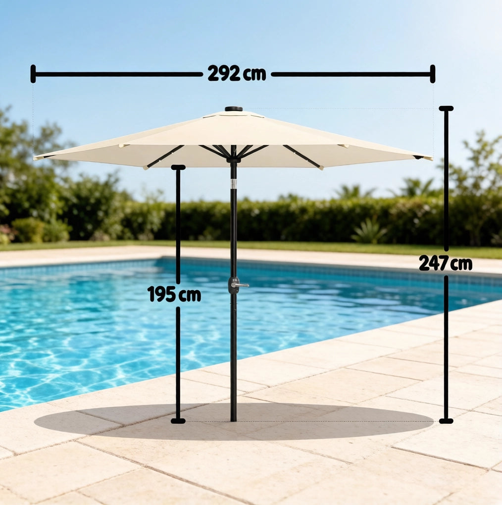 Ombrellone rotondo con luci LED solari ? 292 x 247 cm; beige in ferro e poliestere