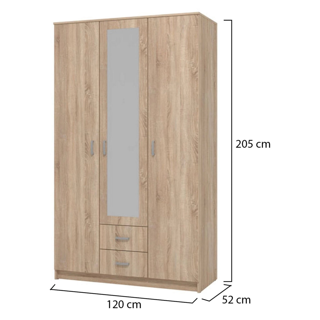 Armadio Camera da Letto Crati, Guardaroba 3 Ante Appendiabiti, 120x52 cm Marrone Quercia