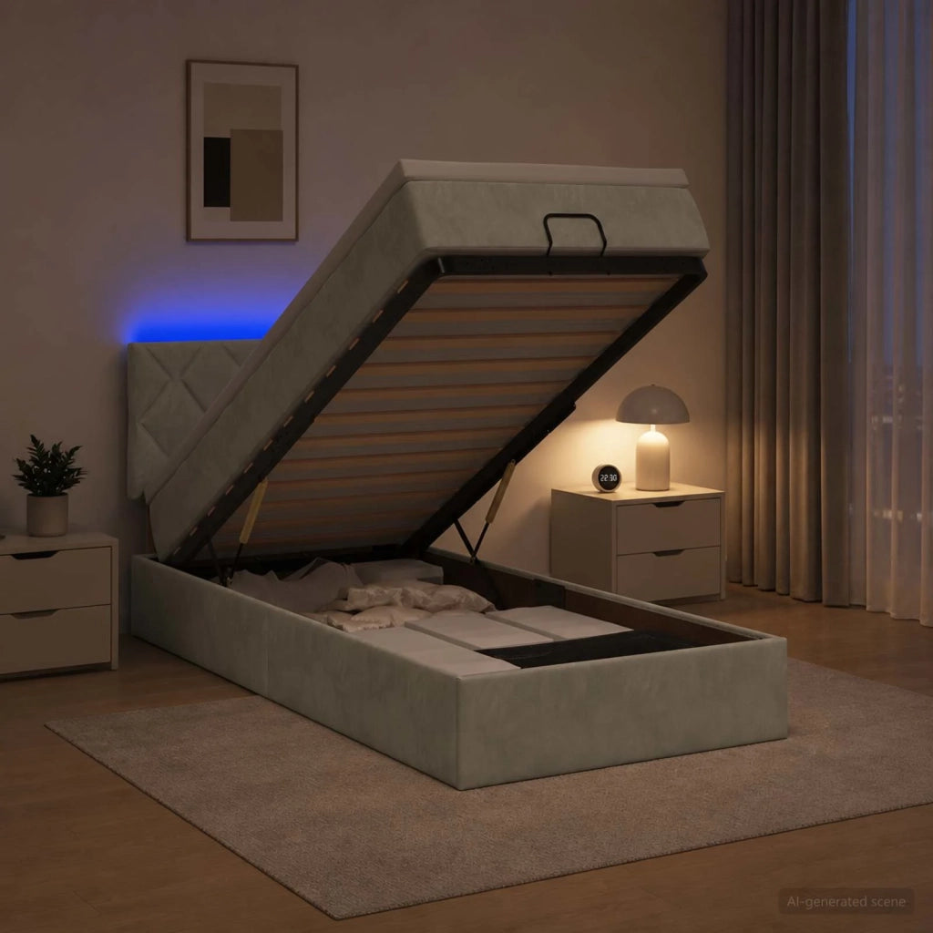 Letto Ottomano con Materasso e LED Grigio Chiaro 90 x 200 cm 3457185