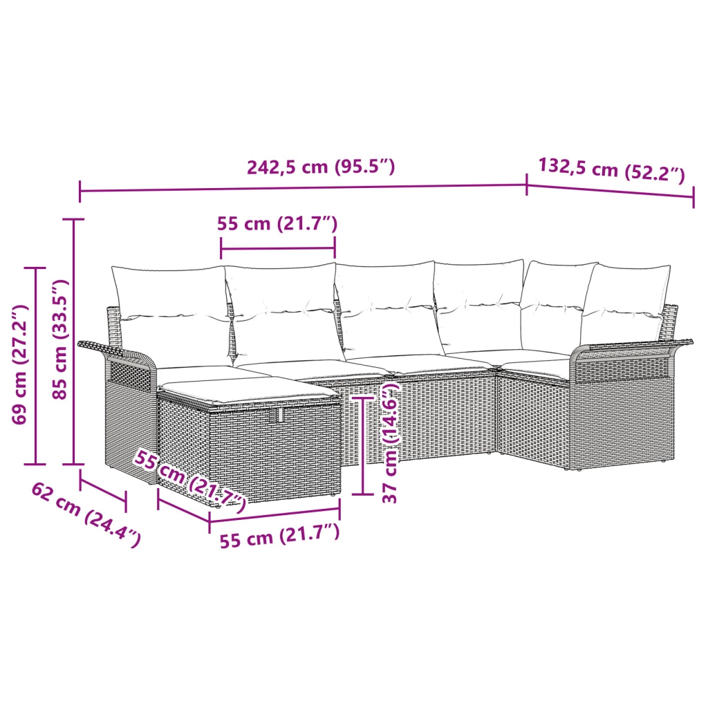 Set Divano da Giardino 6 Pezzi con Cuscini Grigio Rattan Polietilenico