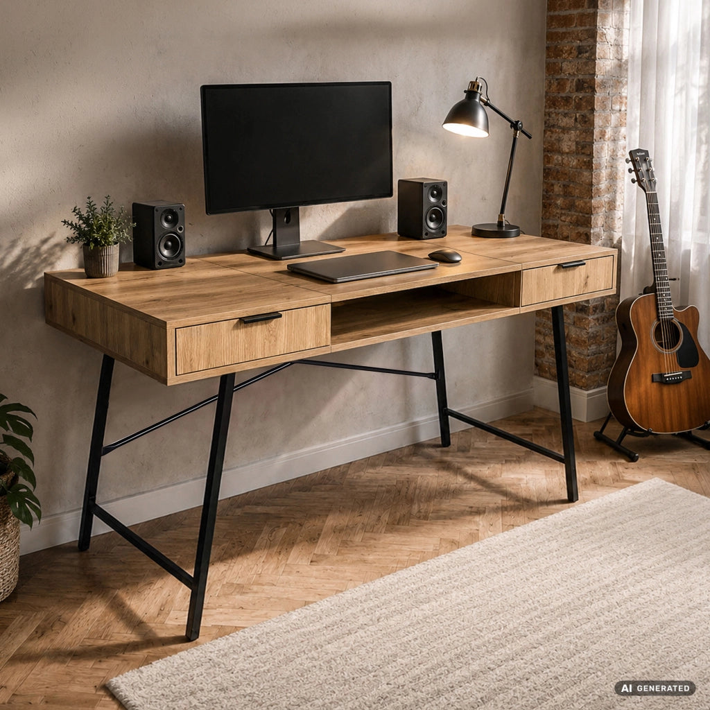 Scrivania industriale per computer Rovere Artisan ARDEN 120 cm 2 cassetti 1 ripiano gambe nere