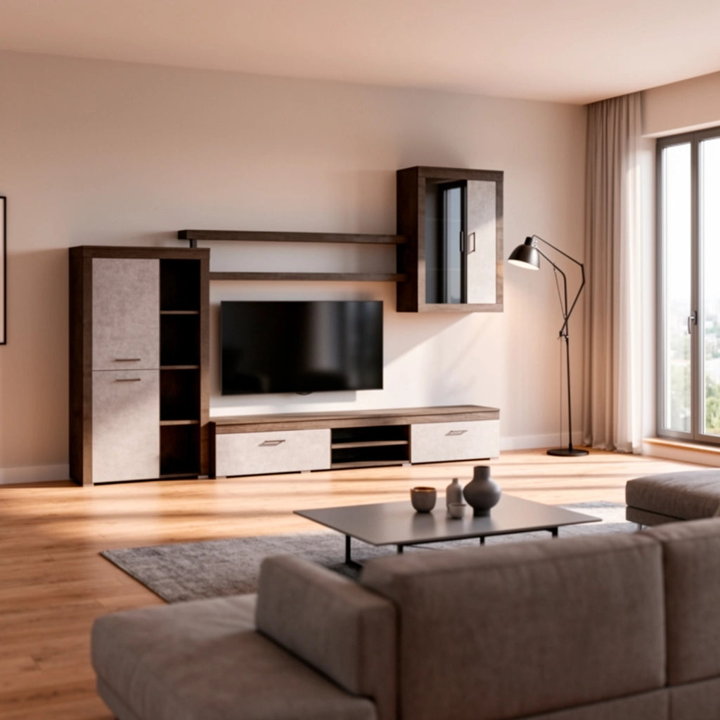Parete Attrezzata Moderna Per Salotto Soggiorno Con Vetrinetta Ante Mensole Vani A Giorno Mobile TV Design Moderno Moduli Sospesi 293 X 193 X 50 Cm Ossido E Grigio Cemento