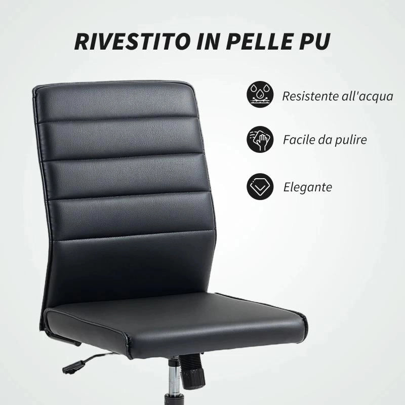 SEDIA DA UFFICIO ERGONOMICA E REGOLABILE CON SCHIENALE RICURVO, IN PELLE PU E ACCIAIO, 58X53X97-107 CM, NERO