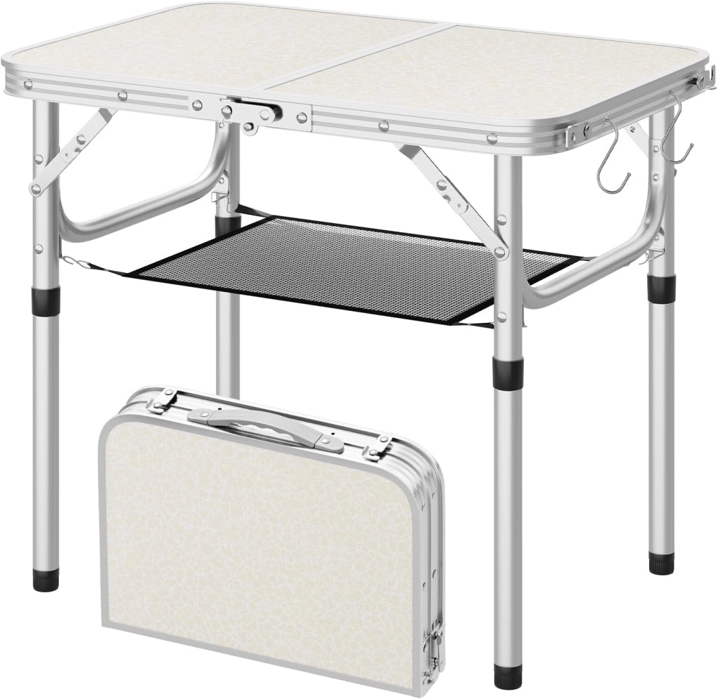 Tavolino Pieghevole Regolabile in Altezza 25/36/50/60 cm, Tavolo da Esterno con Ripiano in Rete Metallica, Piano in MDF 60x40 cm, Telaio in Metallo, per Campeggio, Barbecue, Giardino,Nero