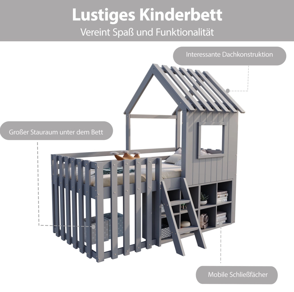 Letto a soppalco per bambini 90x200 cm a casetta con tetto e finestre; in legno grigio