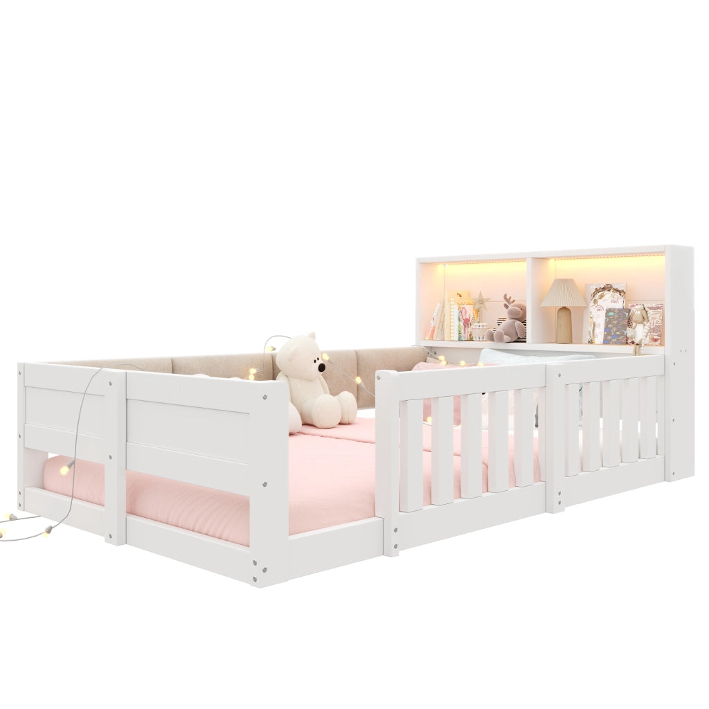 Letto per bambini 90×200 cm con testiera imbottita; LED e sponde di sicurezza; senza materasso; bianco