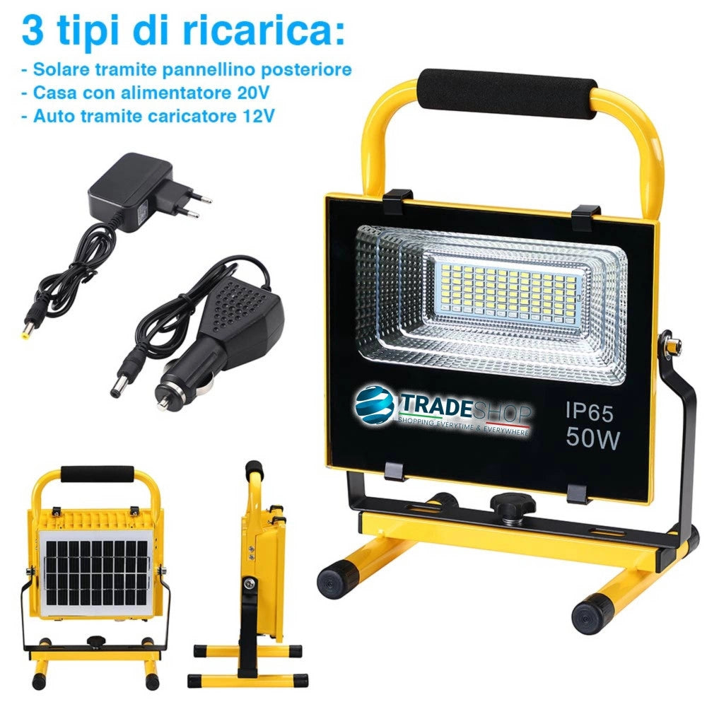 Trade Shop - Lampada Faro Lavoro Portatile Con Pannello Solare 50w 504lm Luce Emergenza Sos -