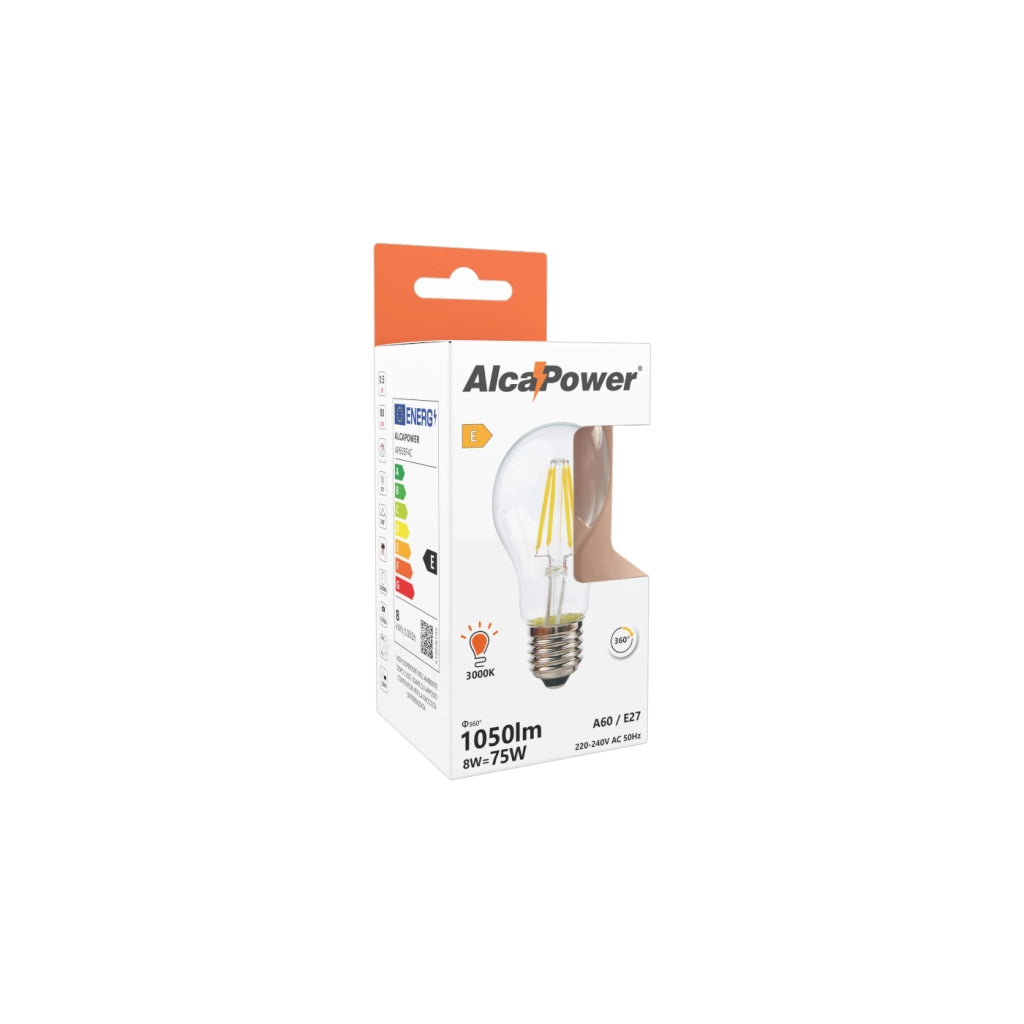 Alcapower Lampadina LED Filamento A60 E27 8W 1060lm 3000K Luce Calda Trasparente Vetro Classe E - Efficienza Luminosa Elevata per Illuminazione