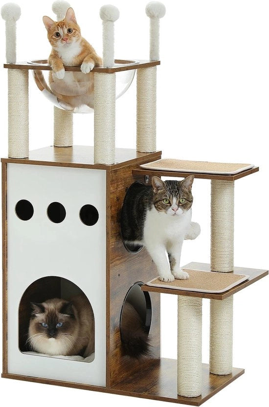 Cat Tree in Legno - 2 Livelli - Adatto per Gatti Grandi - Con Scala a Gatto - Colorazione Donkerbruin/Wit