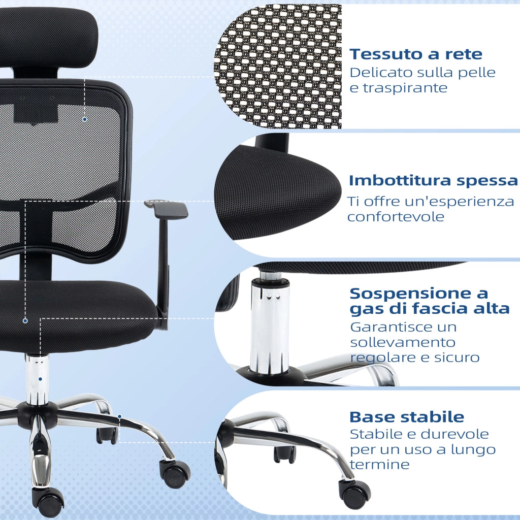 Sedia da Ufficio Ergonomica con Poggiatesta 63x62x106-114 cm in Poliestere e Acciaio Nero