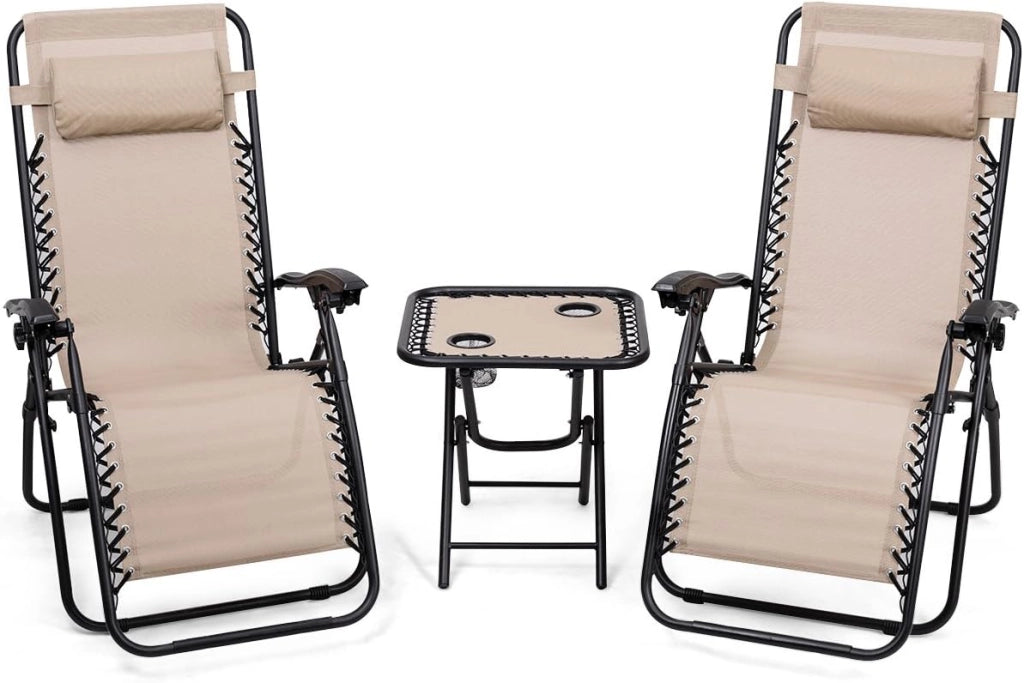 3 sedie a sdraio a gravità zero, per patio, sdraio, sedie da giardino, piscina, reclinabili, pieghevoli, set di sedie a sdraio (beige)