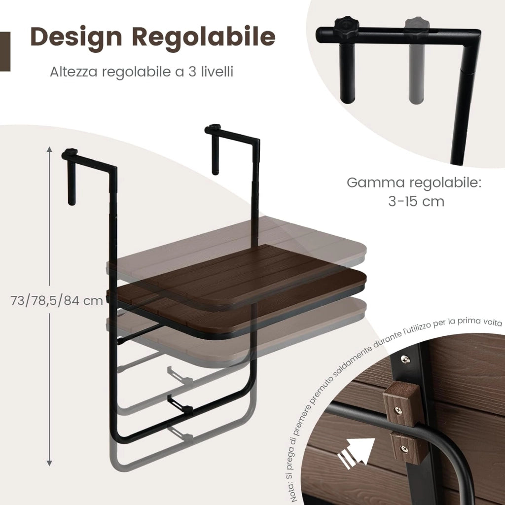 Tavolino Pieghevole da Balcone, Regolabile in Altezza, Tavolo da Appendere Adatto a Ringhiera da 3-15 cm, 62,5x60x84 cm, per Giardino Esterno Terrazzo (Marrone)