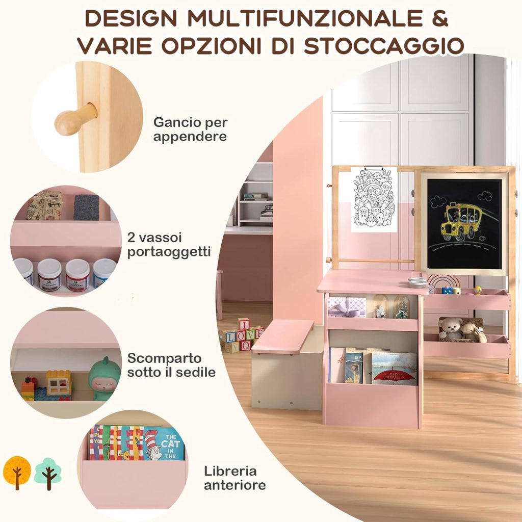 Set 3 in 1 Tavolo e Sedie per Bambini 3+ Anni, Tavolo in Legno Sicuro con Lavagna Cancellabile, Magnetica, Cavalletto Regolabile, Libreria e Accessori Artistici, per Disegno (Rosa)