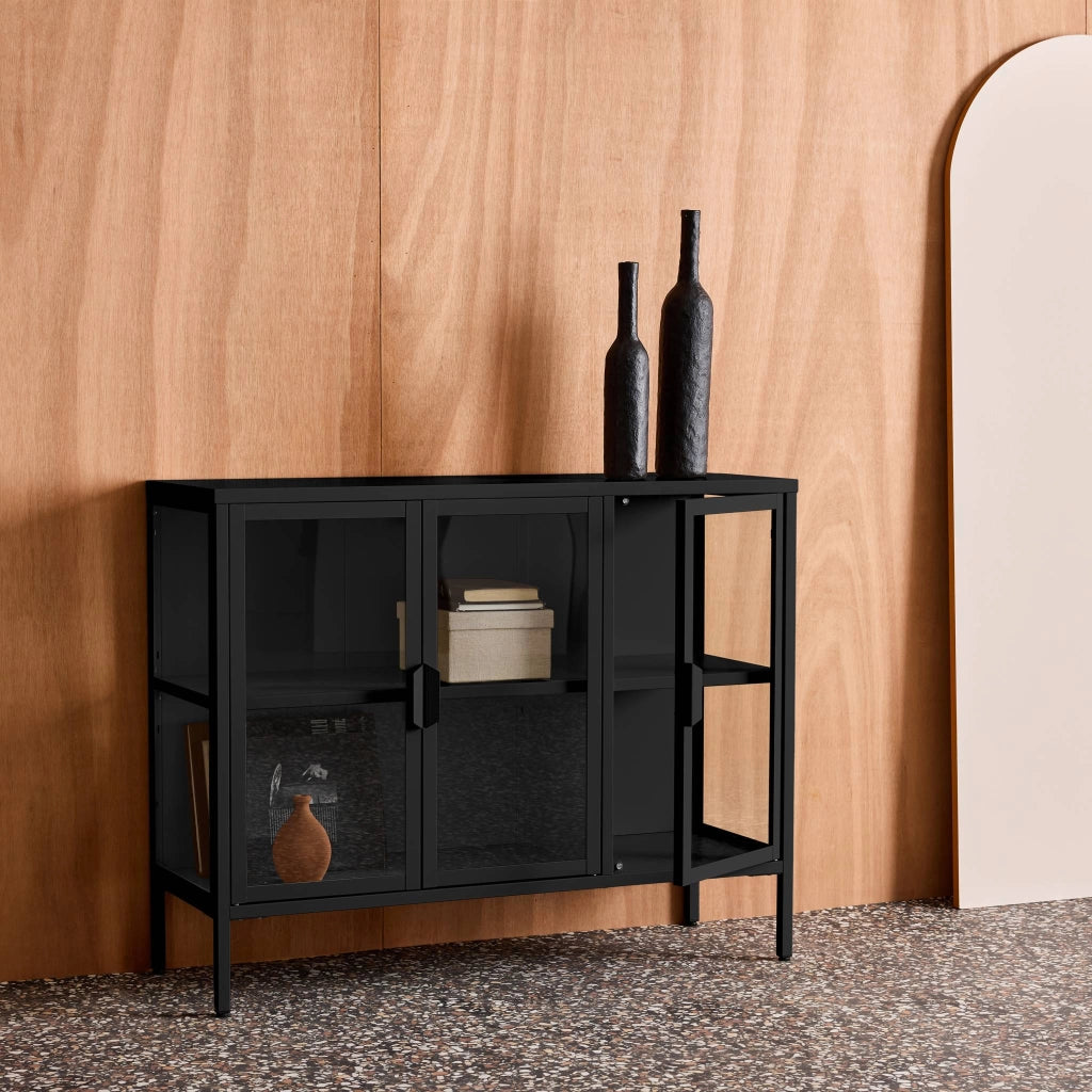 Credenza industriale in metallo e vetro temperato 3 ante, 100cm