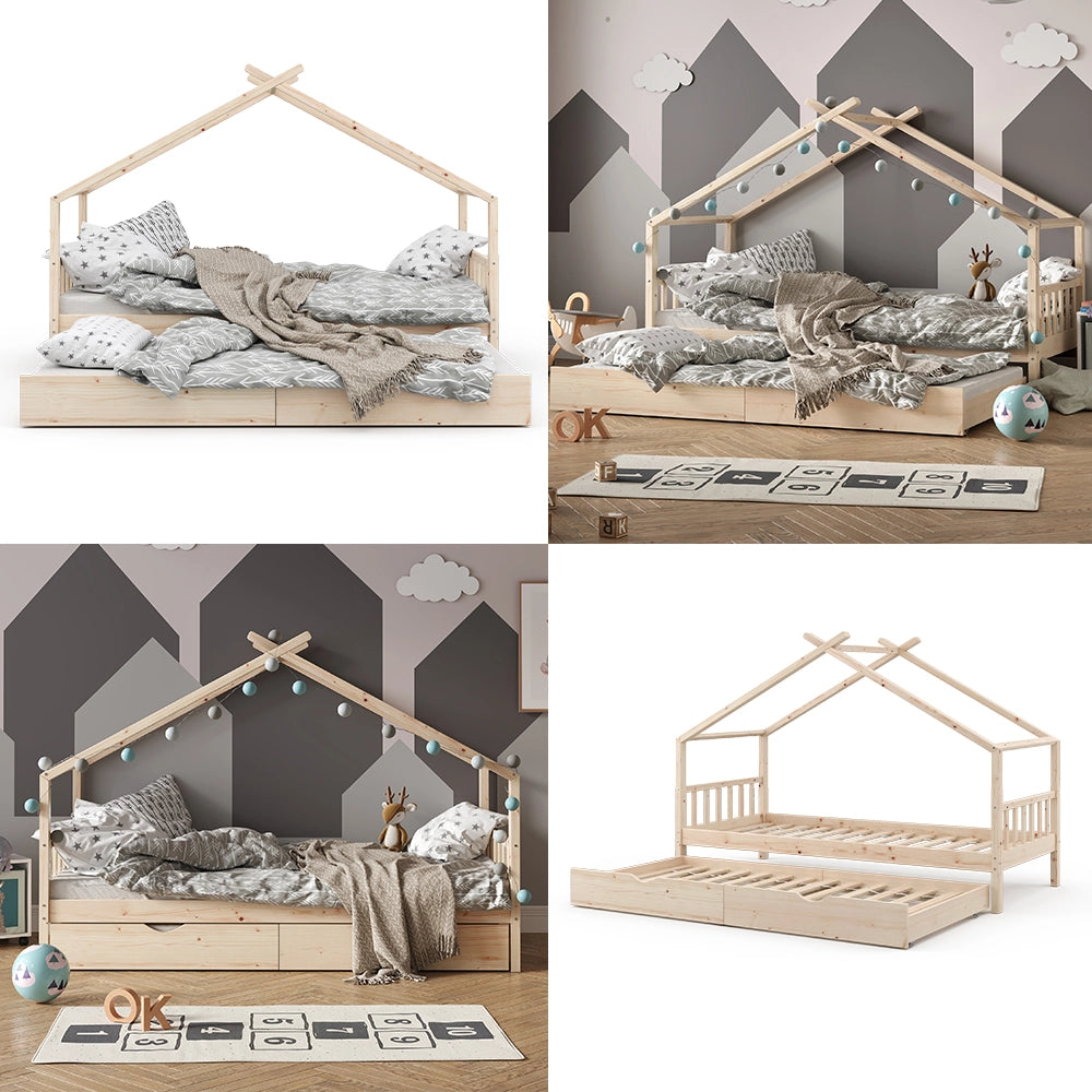 Vitalispa Letto montessori bambini Legno naturale 90x200 cm con letto per ospiti e materasso