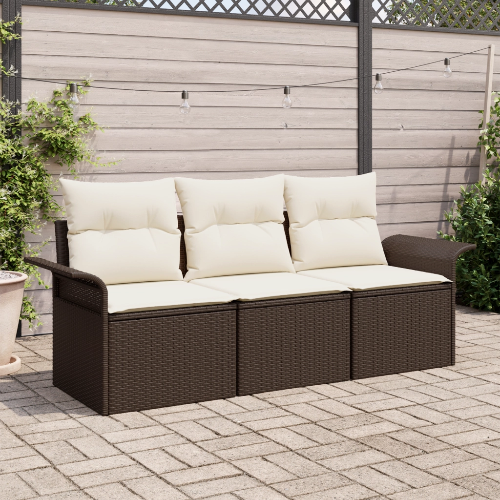 Set Divano da Giardino 3 Pezzi con Cuscini Marrone Rattan Polietilene