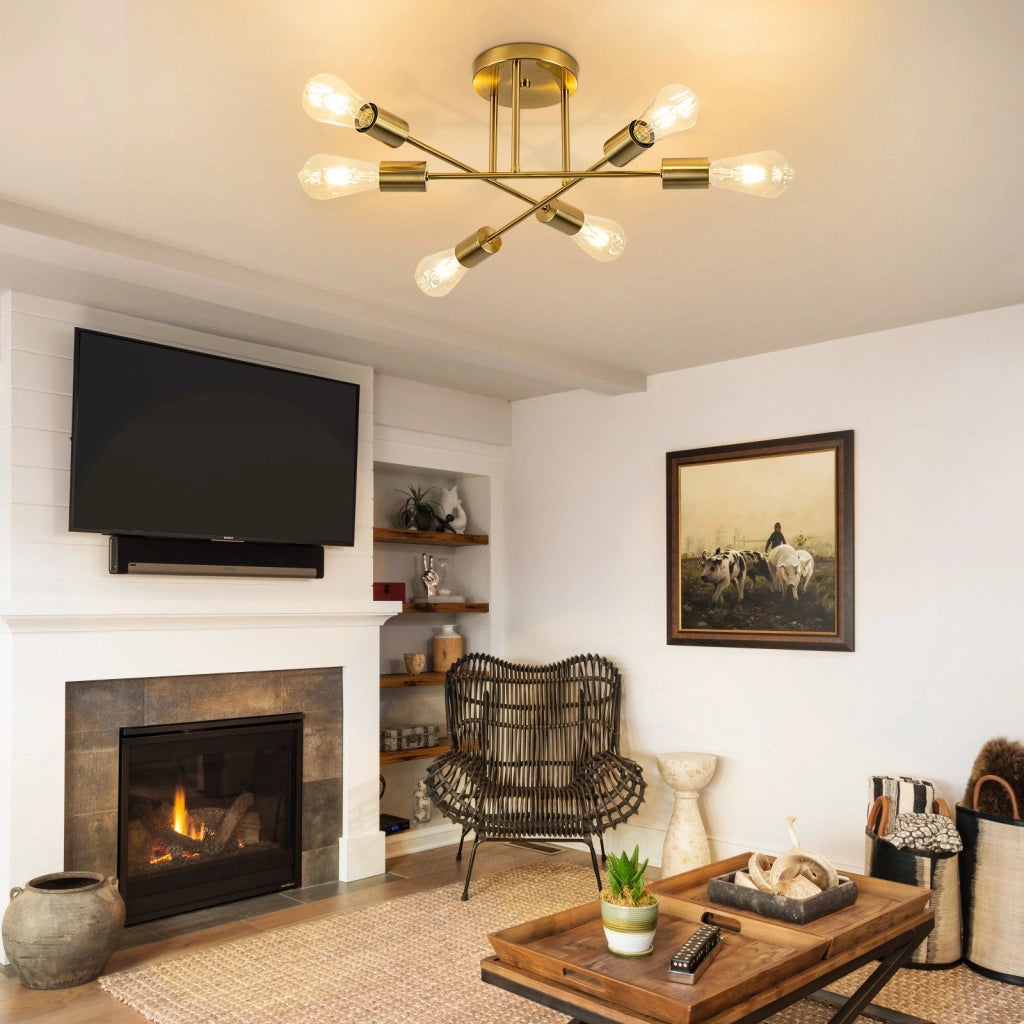 ZMH Lampada da soffitto vintage dorata 6 fiamme E27 per soggiorno