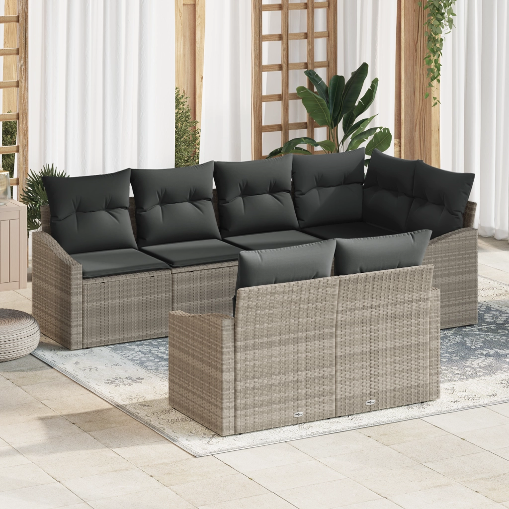 Set divani da giardino a 7 pezzi con cuscini grigio chiaro in polirattan