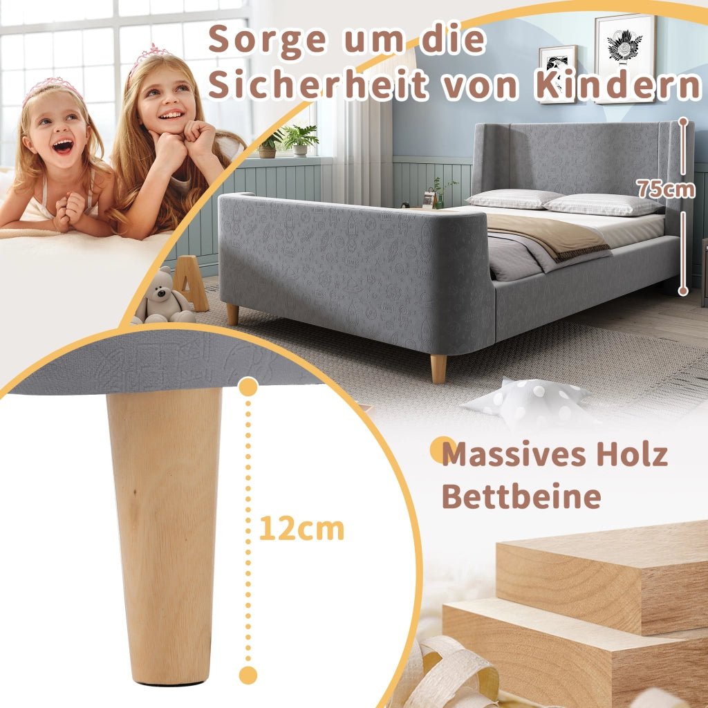 LETTO Bambini a slitta 90x200 cm in velluto grigio con motivo spaziale