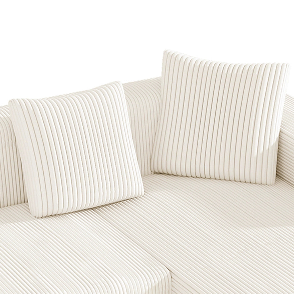 Divano modulare 3 posti con chaise longue e cuscini in velluto a coste bianco 261×146×65 cm