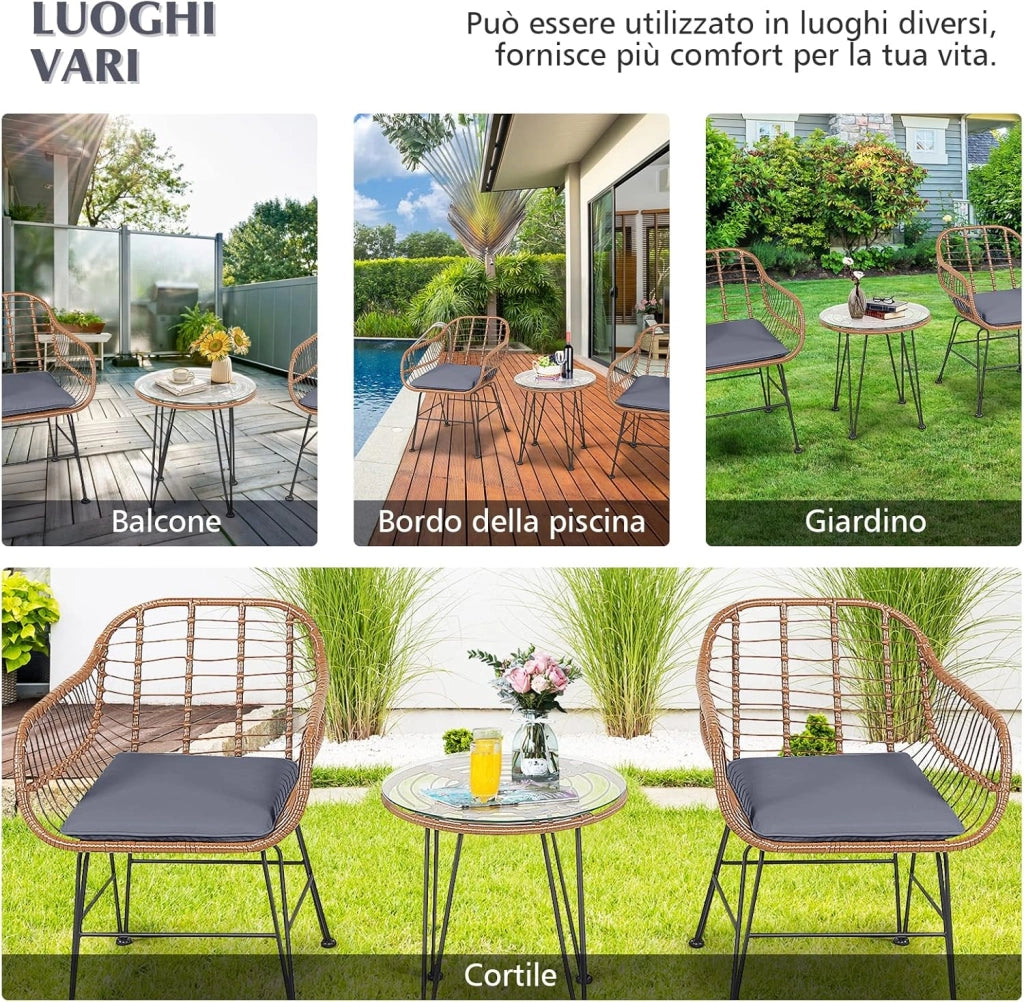 Mobili da Esterno in Vimini con Tavolo Rotondo in Vetro Temperato e 2 Poltrone in Rattan e Cuscini Morbidi, Tavolo e Sedie Moderni per Veranda, Cortile, Giardino e Piscina