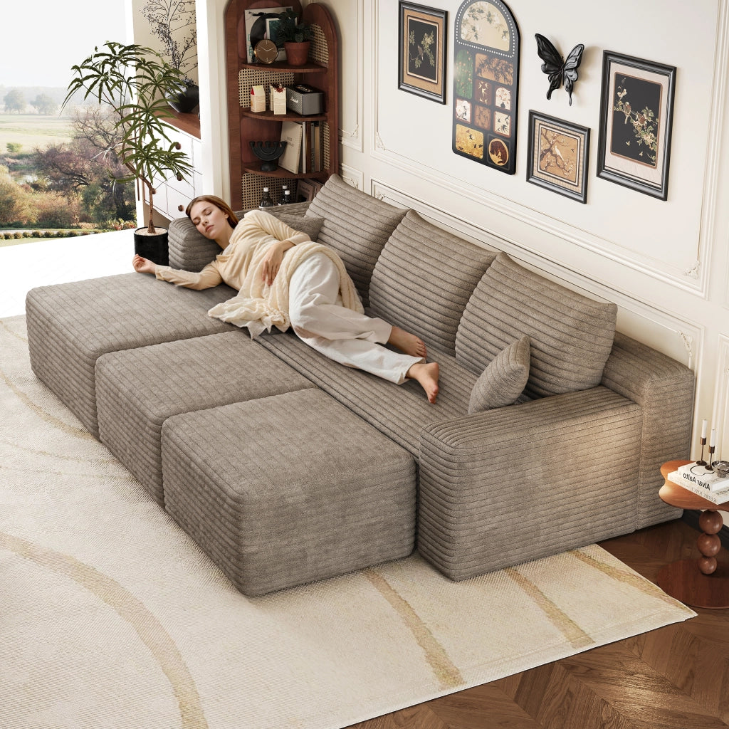 Divano angolare in tessuto con schiuma ad alta elasticità e montaggio facile design a linee fluide camel