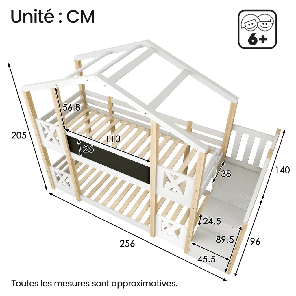 Letto a Castello 90×200 cm; Letto Singolo con Scala Contenitore; Lavagna e Sponde; senza Materasso