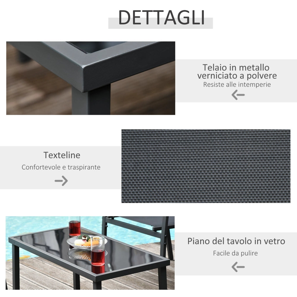 Set Salotto da Giardino Divano 2 Poltrone e Tavolino in Metallo e Tessuto Nero
